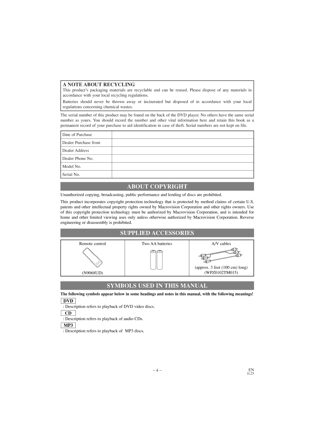 Emerson EWD7002 owner manual About Copyright, Supplied Accessories, Symbols Used in this Manual 