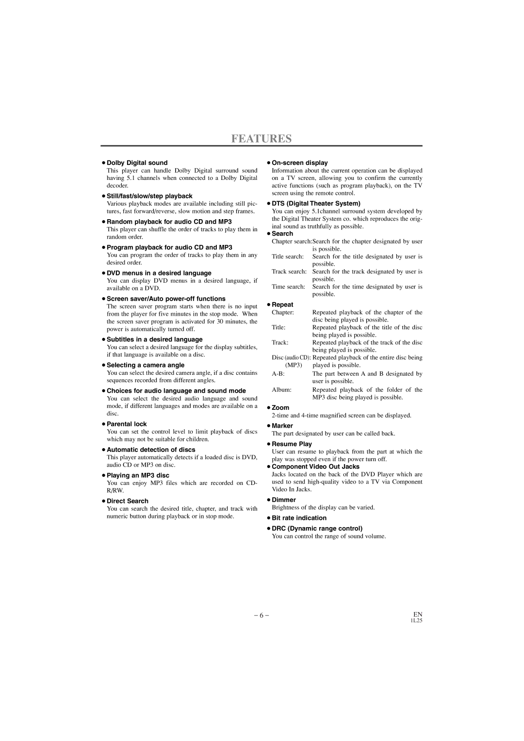 Emerson EWD7002 owner manual Features, ¡Dolby Digital sound 