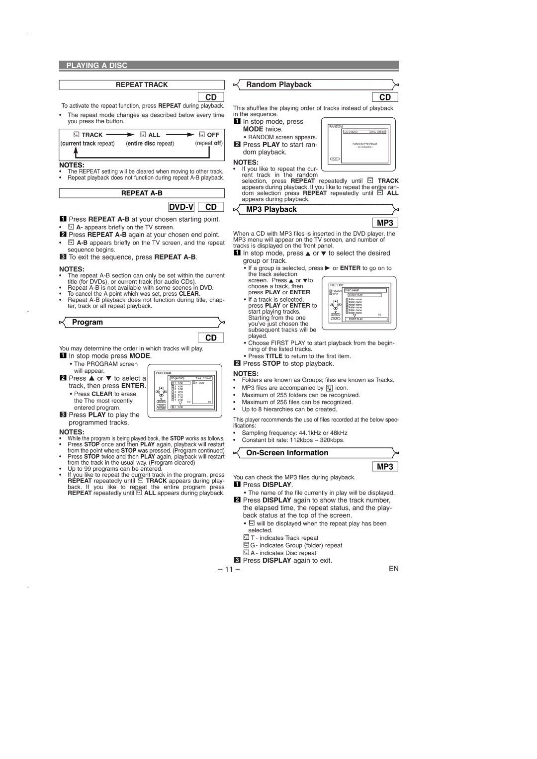 Emerson EWD7003 owner manual Random Playback, MP3 Playback, Program, On-Screen Information 