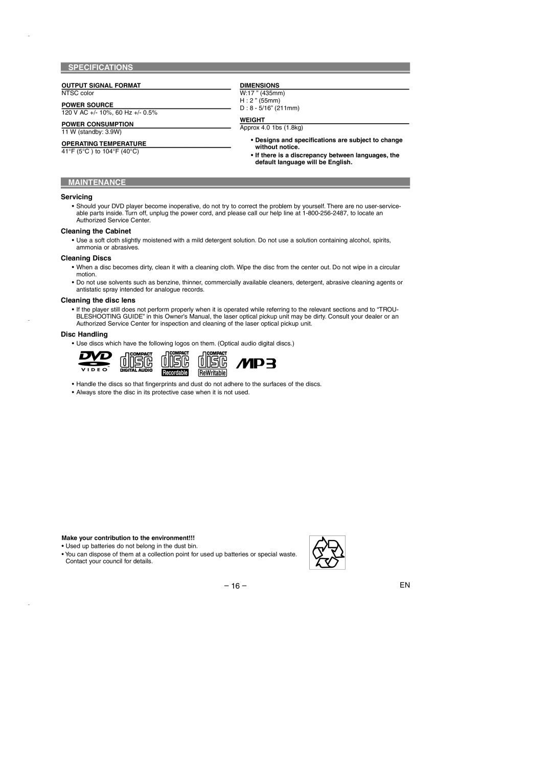 Emerson EWD7003 owner manual Specifications, Maintenance 