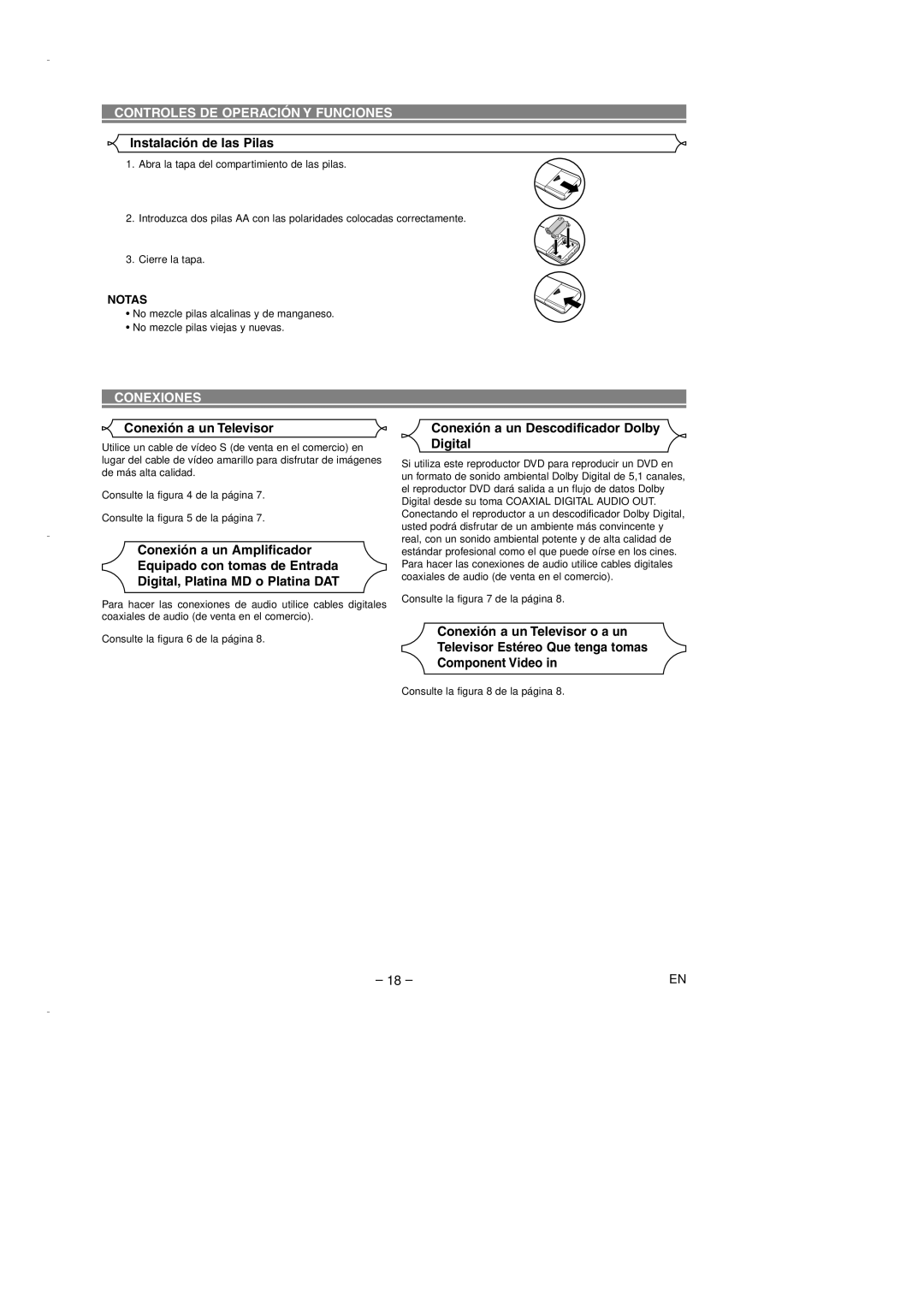 Emerson EWD7003 Instalación de las Pilas, Conexiones, Conexión a un Televisor, Conexión a un Descodificador Dolby Digital 