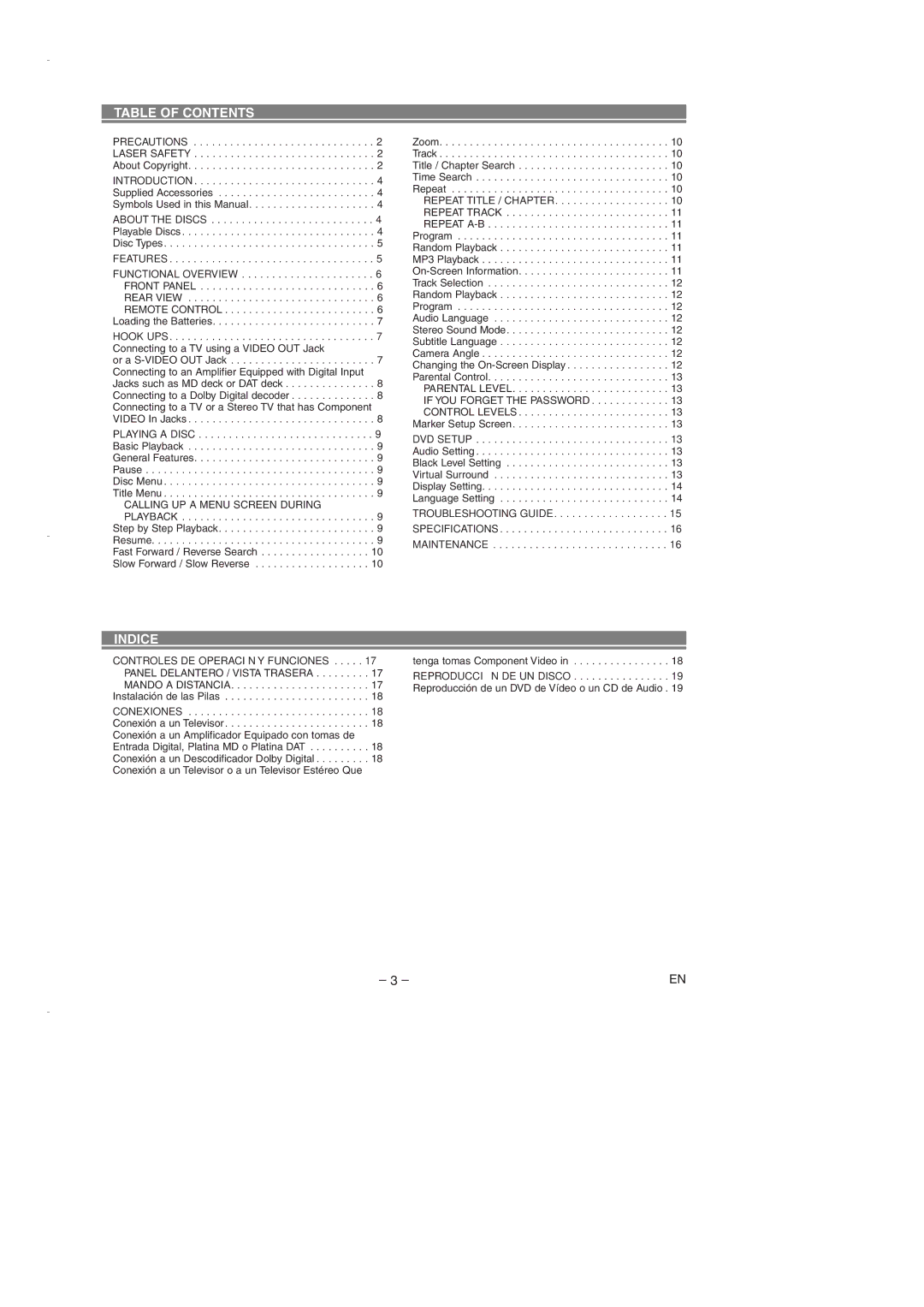 Emerson EWD7003 owner manual Table of Contents, Indice 