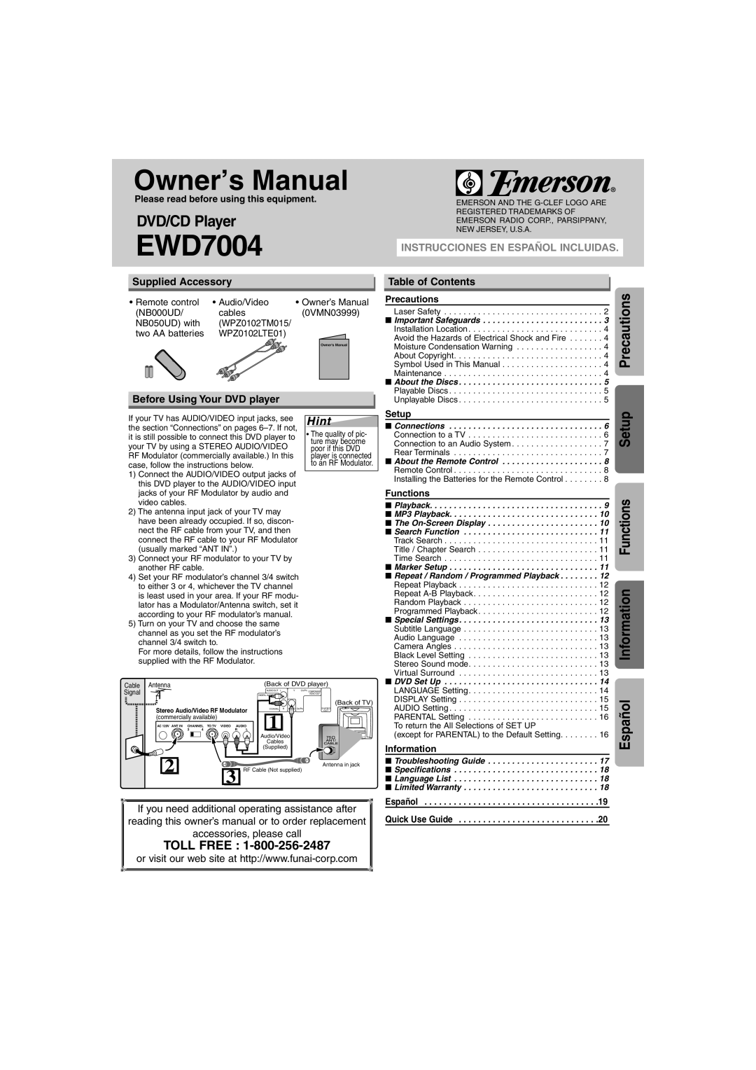 Emerson EWD7004 owner manual Hint, Supplied Accessory, Table of Contents, Before Using Your DVD player 