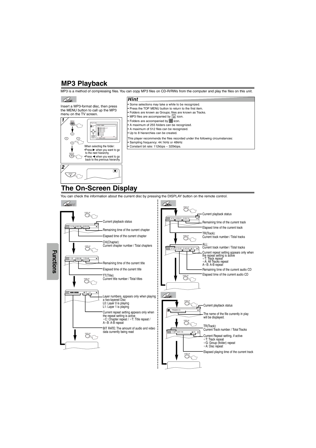 Emerson EWD7004 owner manual MP3 Playback, On-Screen Display 