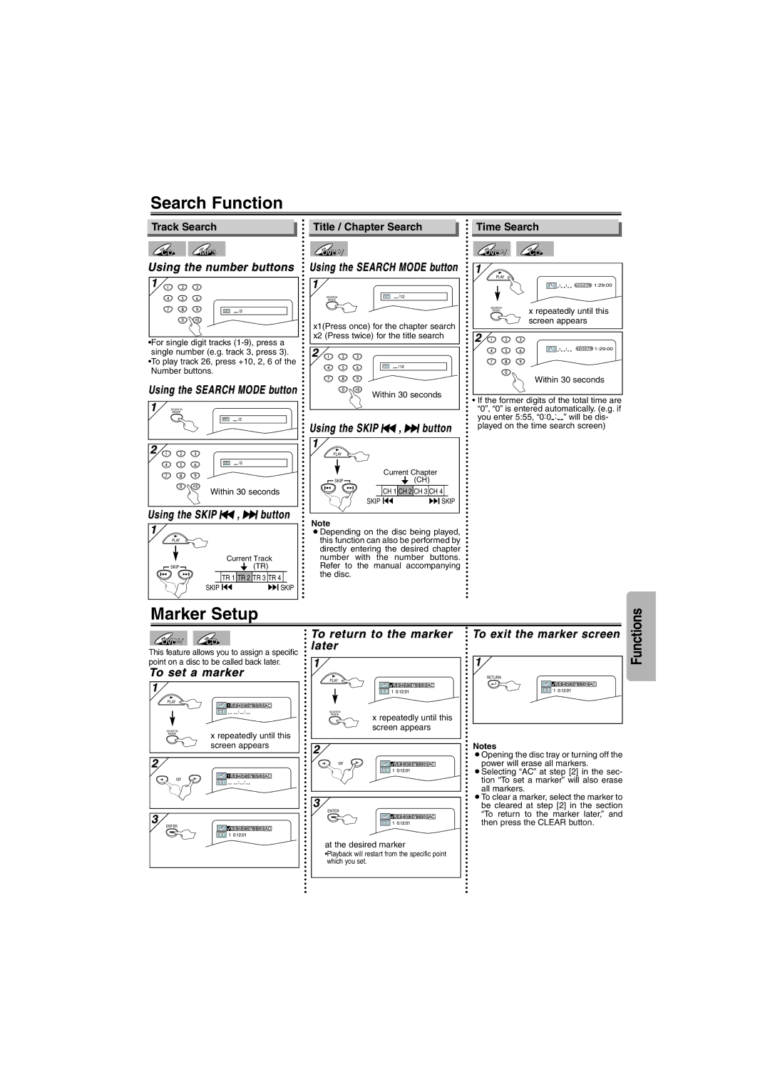 Emerson EWD7004 owner manual Search Function, Marker Setup 