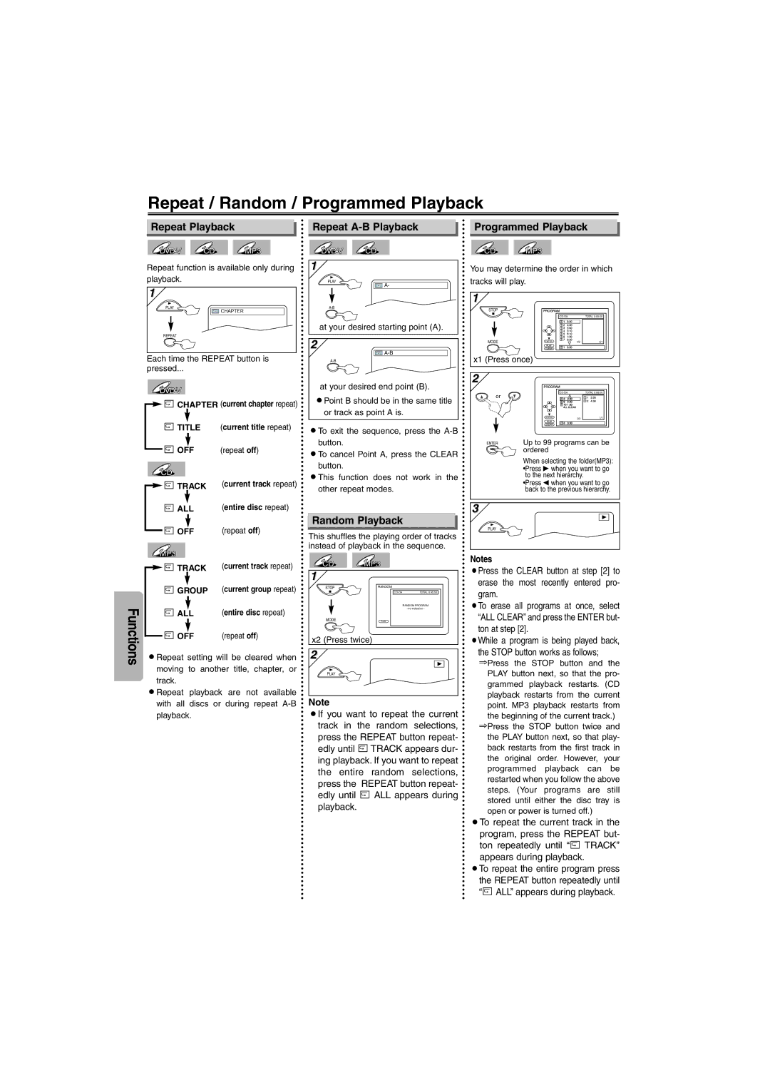 Emerson EWD7004 owner manual Repeat / Random / Programmed Playback, Repeat Playback Repeat A-B Playback, Random Playback 