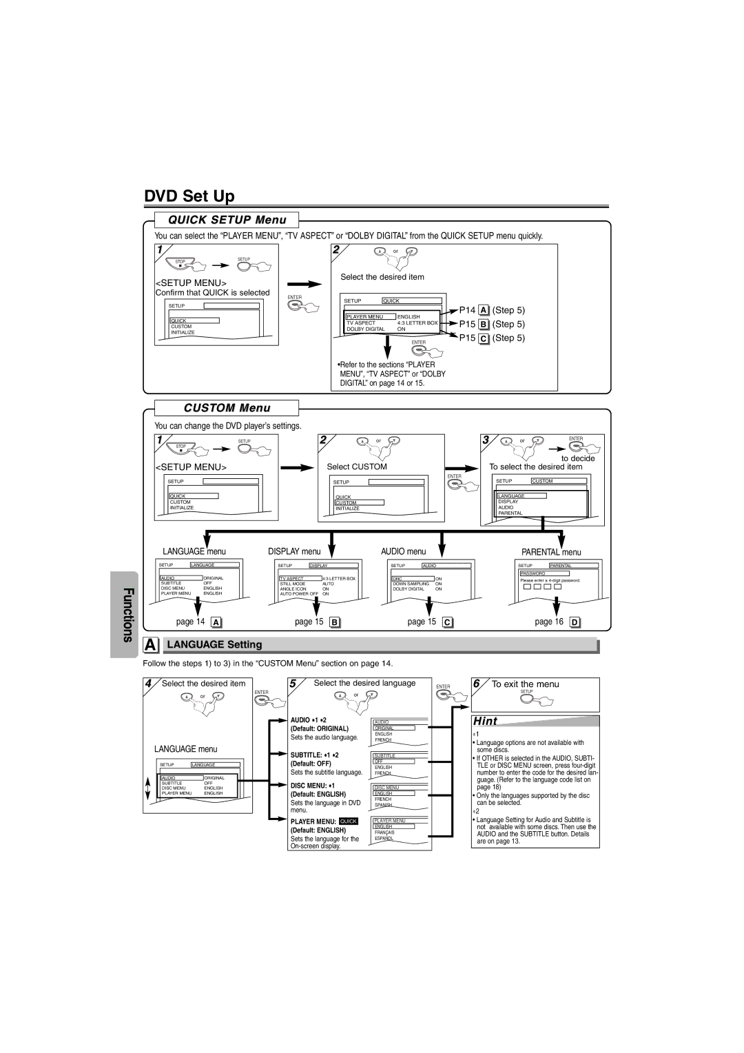 Emerson EWD7004 owner manual DVD Set Up, Quick Setup Menu, Custom Menu, Language Setting, 14 a 15 B 