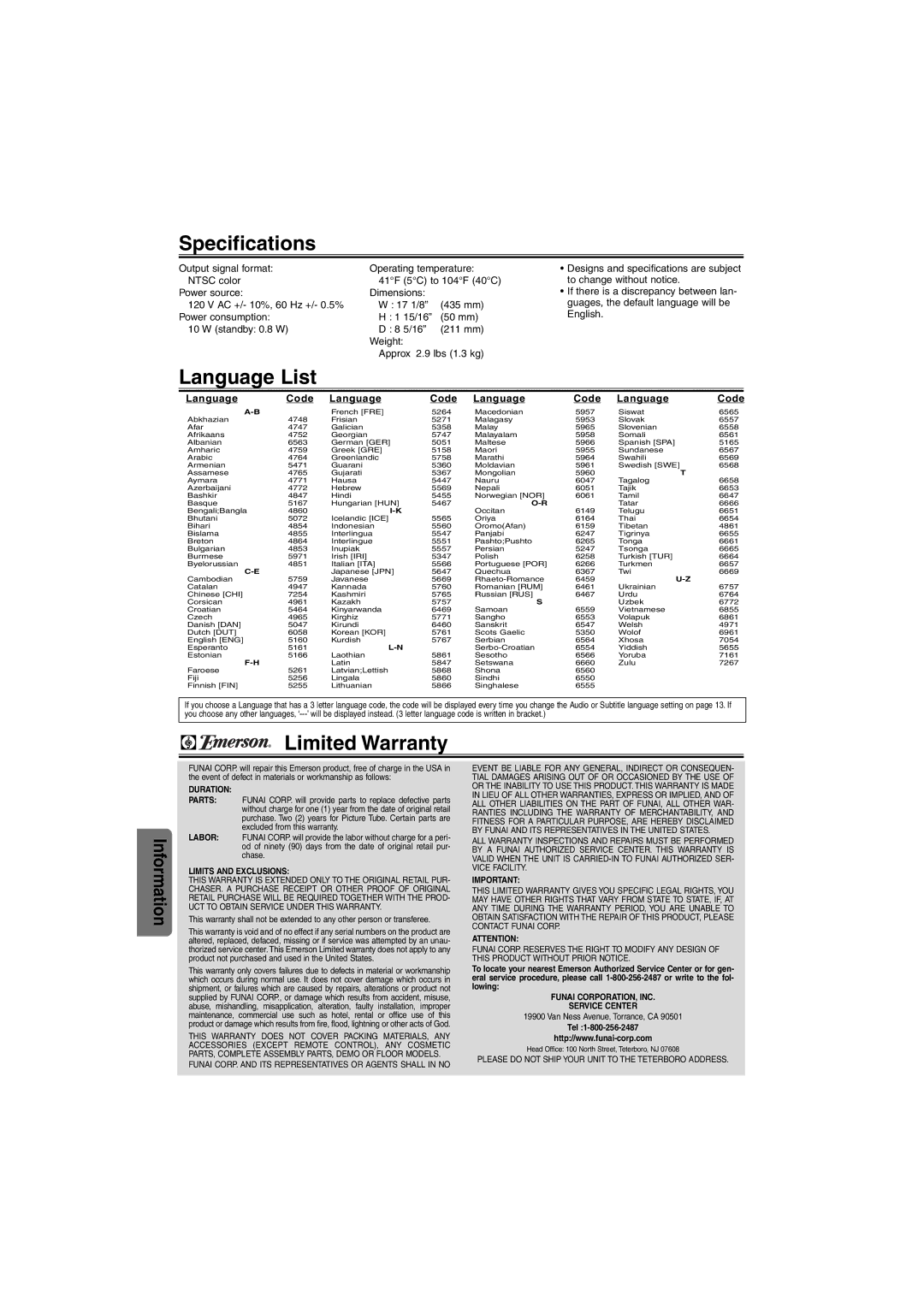 Emerson EWD7004 owner manual Specifications, Language List, Limited Warranty, Language Code 