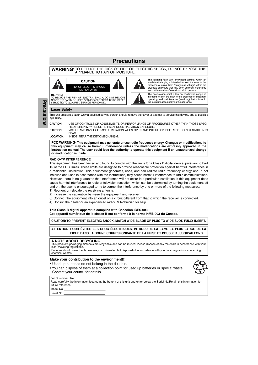 Emerson EWD7004 owner manual Precautions, Laser Safety, Make your contribution to the environment, RADIO-TV Interference 