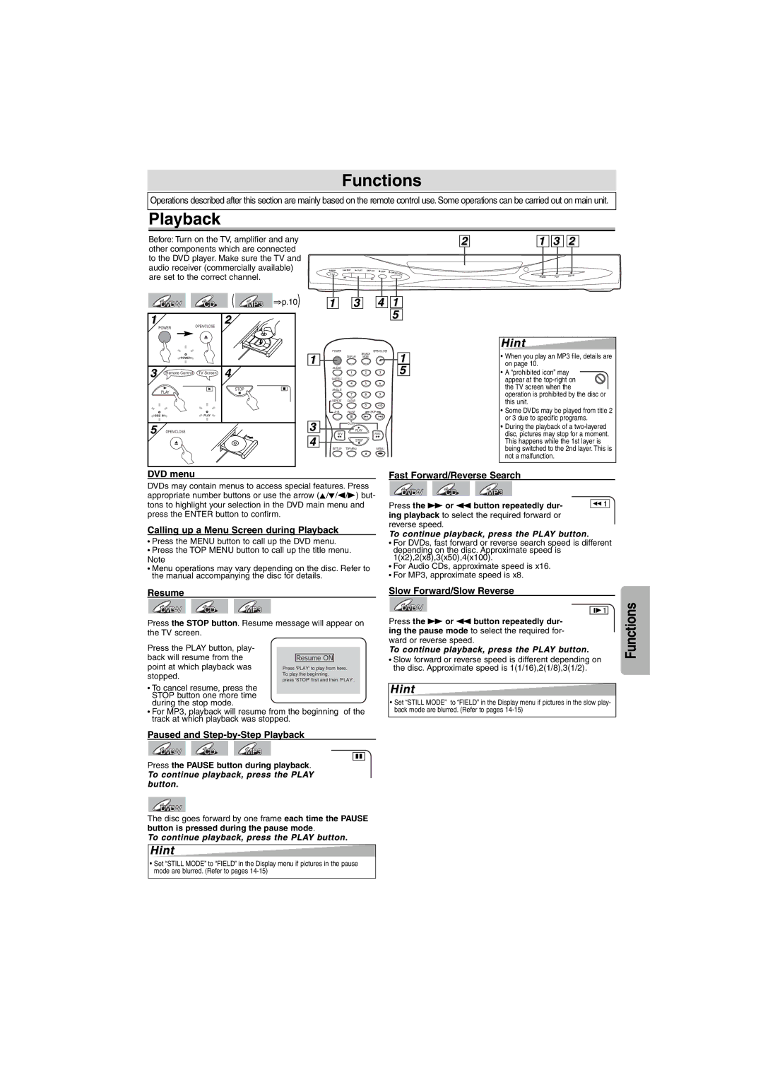 Emerson EWD7004 owner manual Functions, Playback 