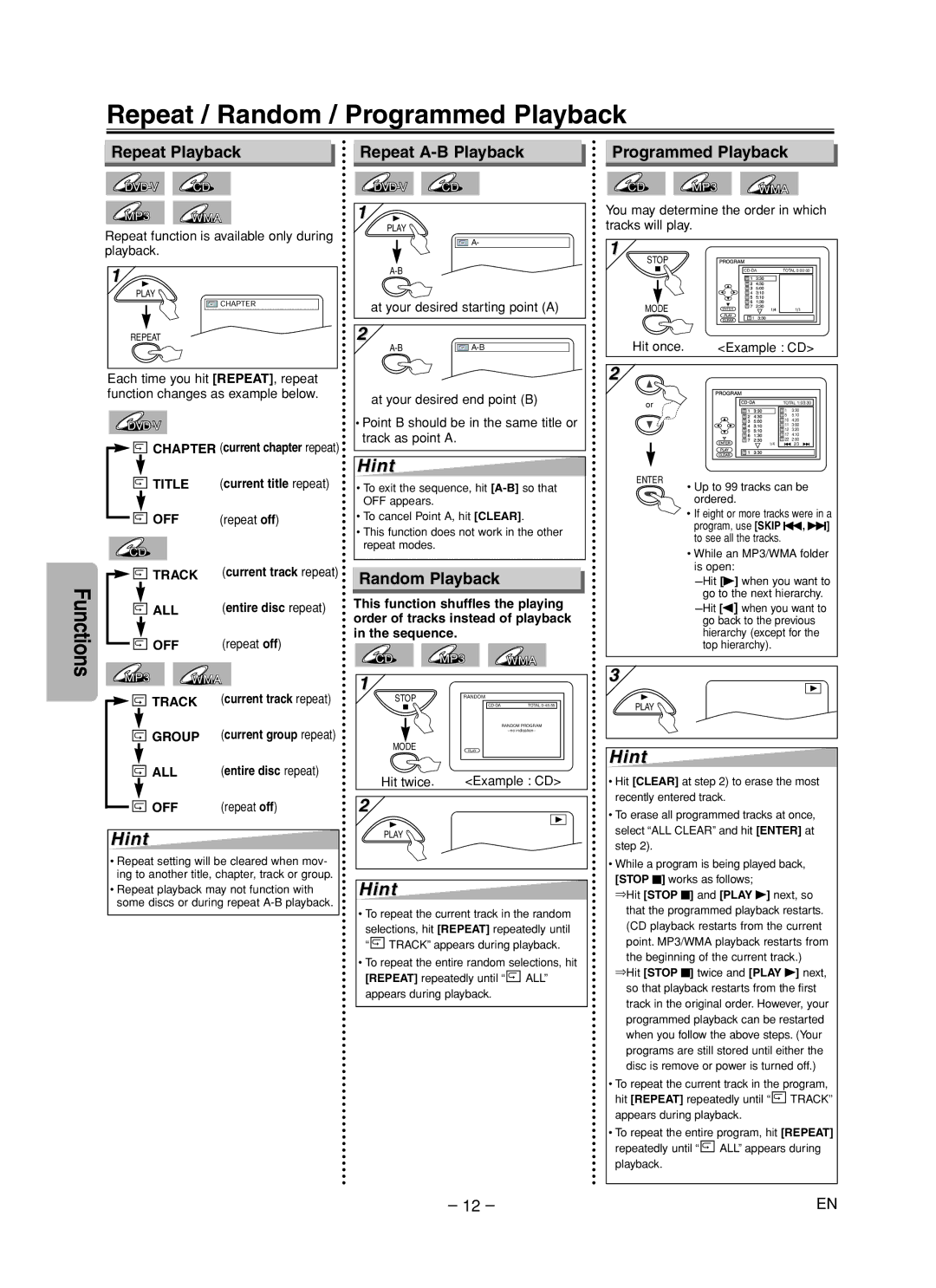 Emerson EWD70V5 owner manual Repeat / Random / Programmed Playback, Repeat Playback, Repeat A-B Playback, Random Playback 