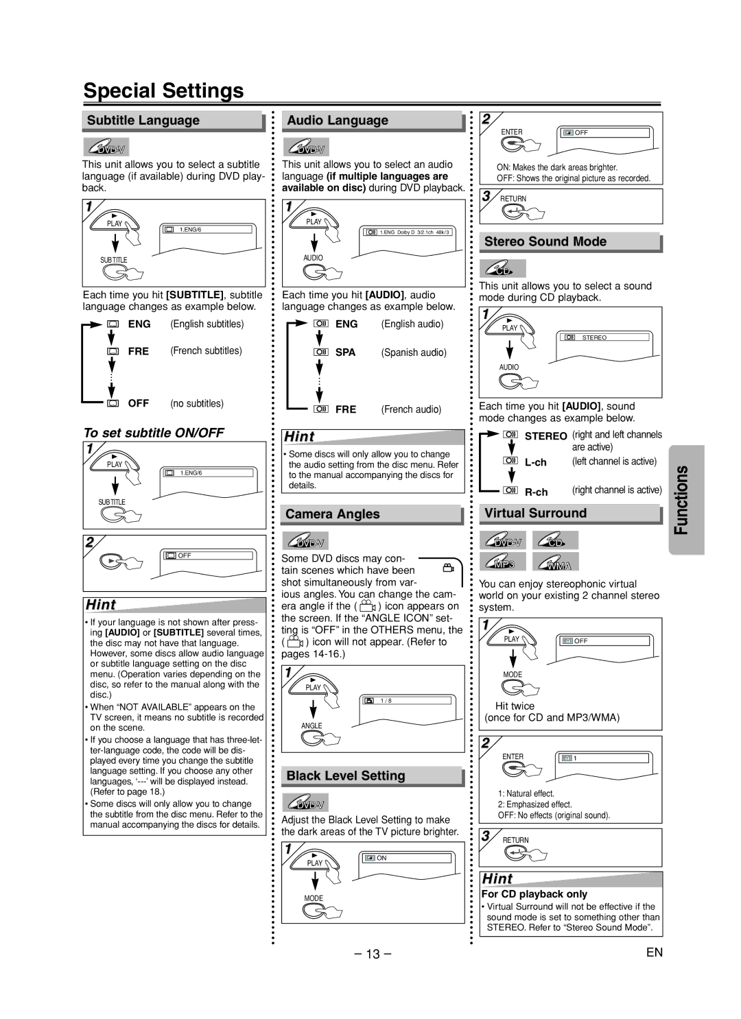 Emerson EWD70V5 owner manual Special Settings 