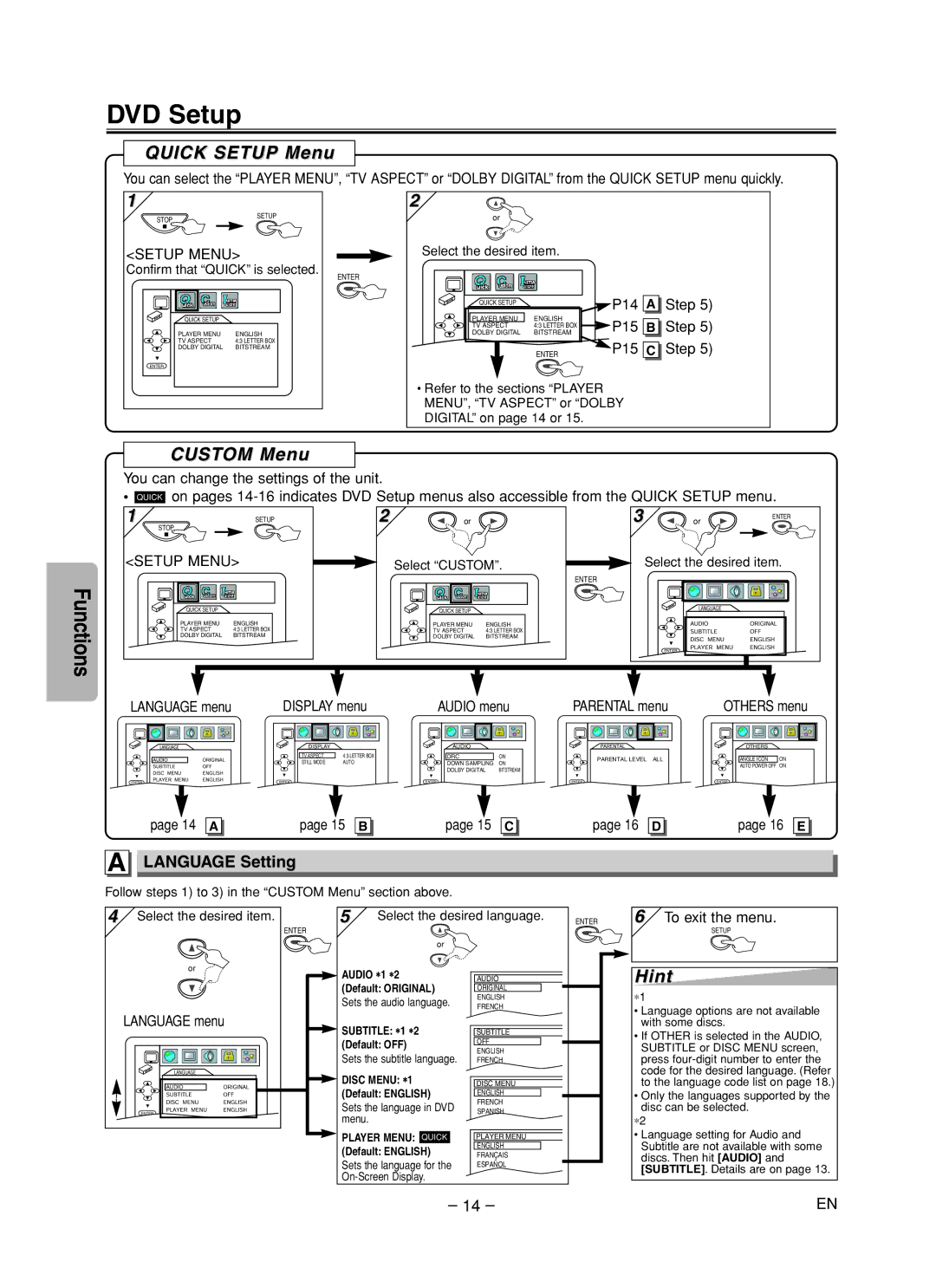 Emerson EWD70V5 owner manual DVD Setup, Quick Setup Menu, Custom Menu, Language Setting 