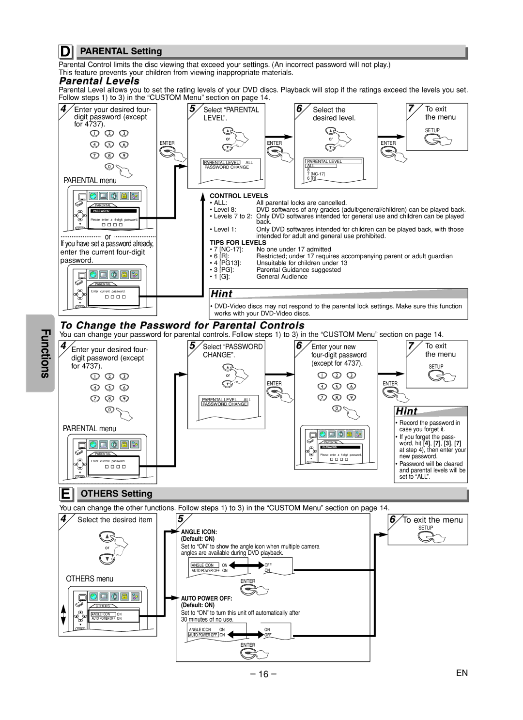 Emerson EWD70V5 Parental Levels, To Change the Password for Parental Controls, Parental Setting, Others Setting 