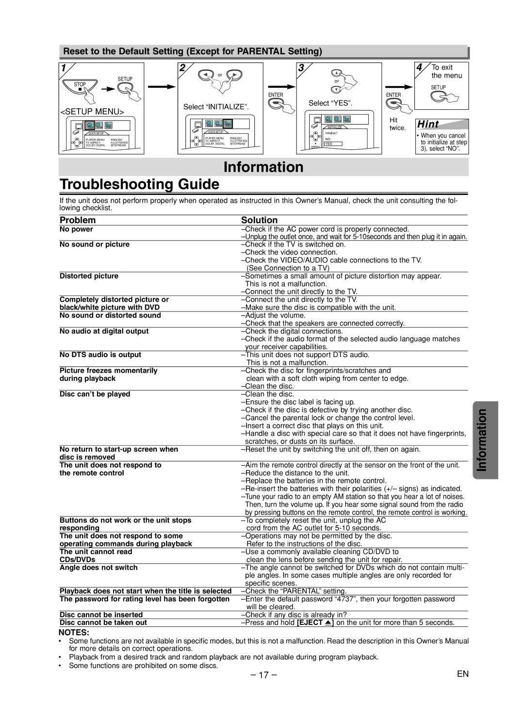 Emerson EWD70V5 owner manual Information Troubleshooting Guide, Reset to the Default Setting Except for Parental Setting 