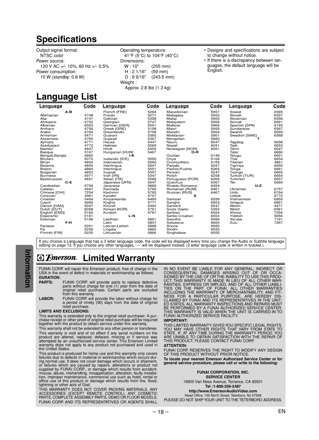 Emerson EWD70V5 owner manual Specifications, Language List, Limited Warranty, Language Code 