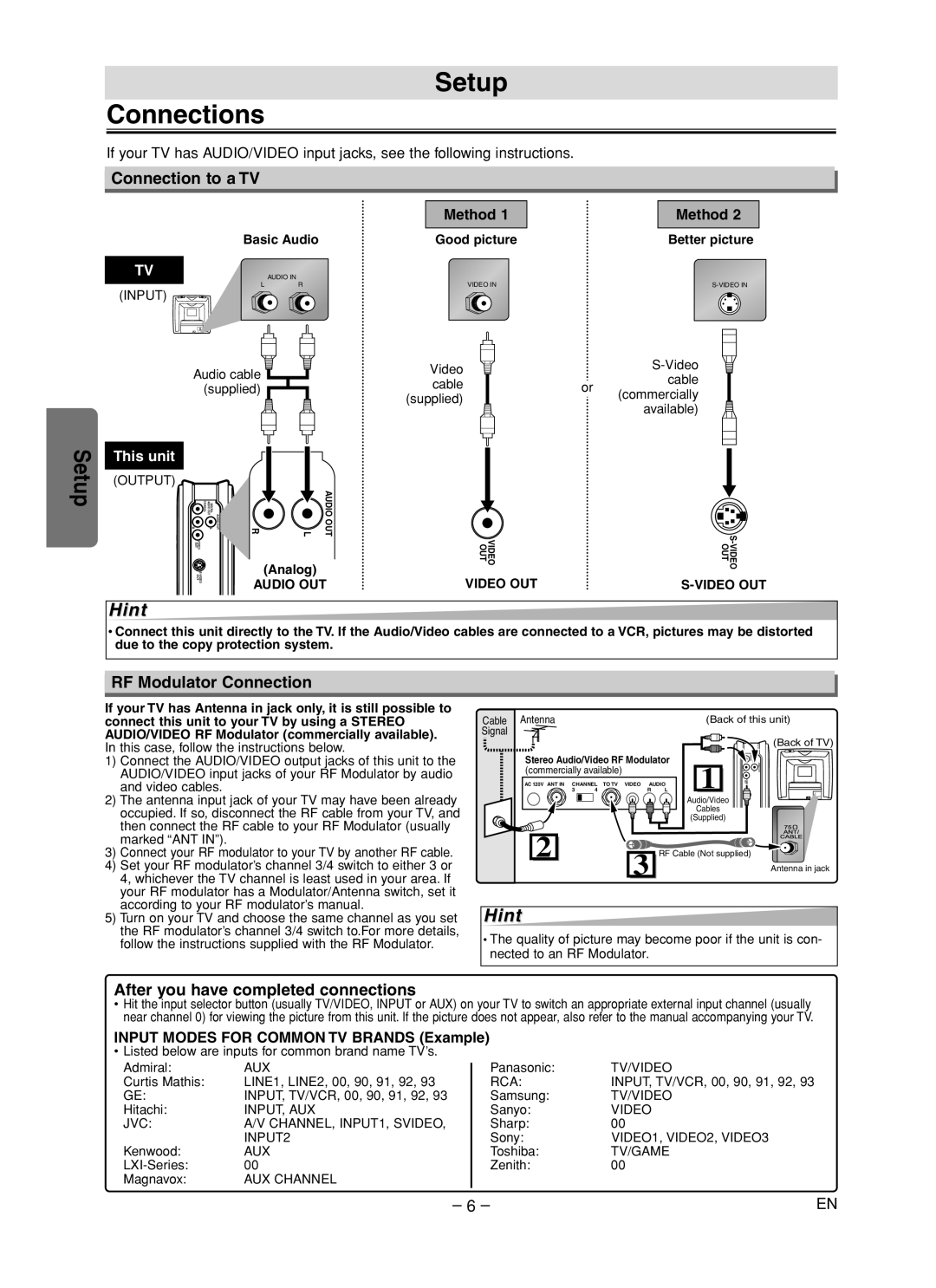 Emerson EWD70V5 Setup Connections, Connection to a TV, RF Modulator Connection, After you have completed connections 