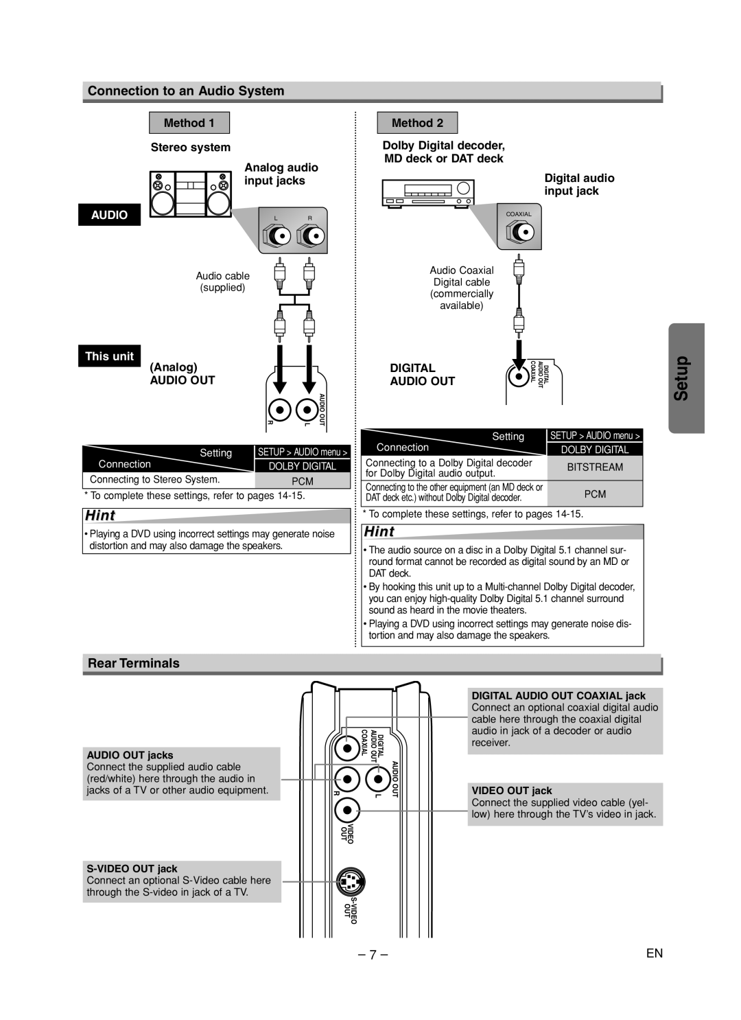 Emerson EWD70V5 owner manual Connection to an Audio System, Rear Terminals, Method Stereo system Analog audio input jacks 