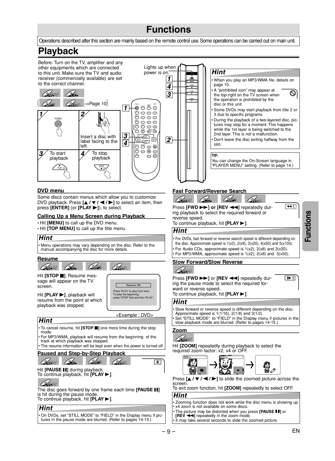 Emerson EWD70V5 owner manual Functions, Playback 