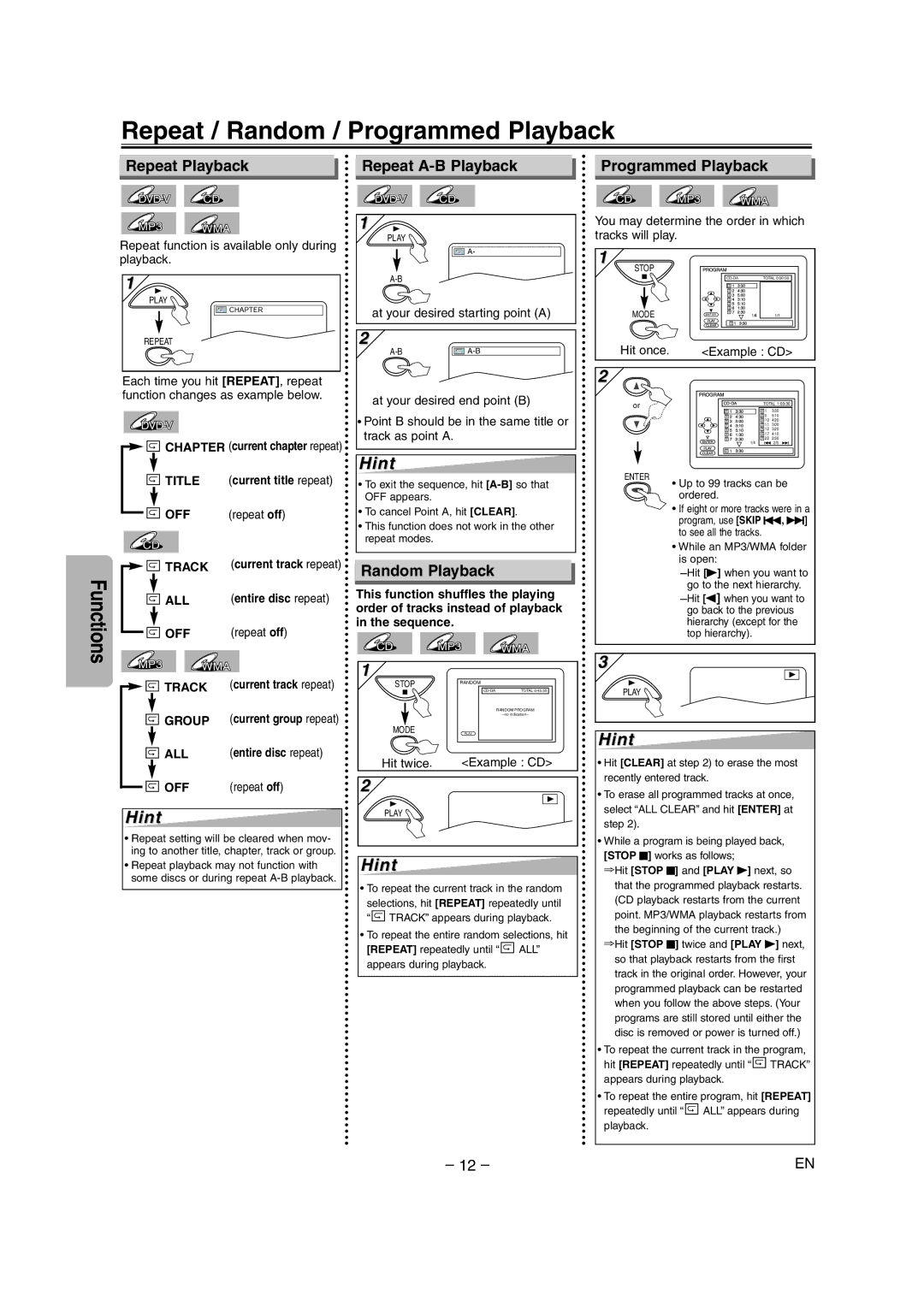 Emerson EWD70V5SK Repeat / Random / Programmed Playback, Repeat Playback Repeat A-B Playback Programmed Playback 