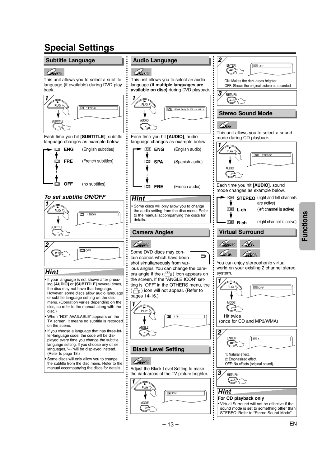 Emerson EWD70V5SK owner manual Special Settings 