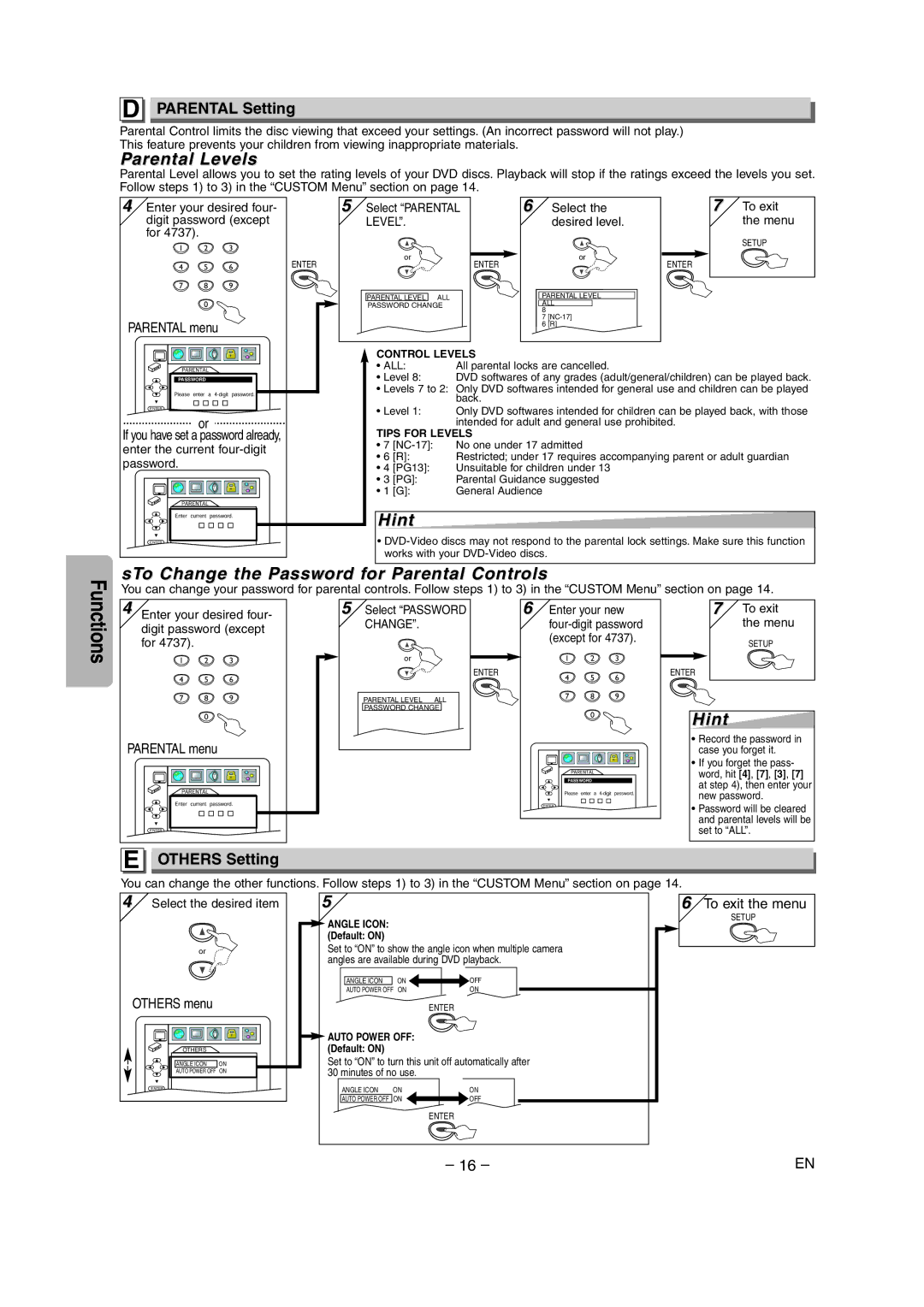 Emerson EWD70V5SK Parental Levels, STo Change the Password for Parental Controls, Parental Setting, Others Setting 