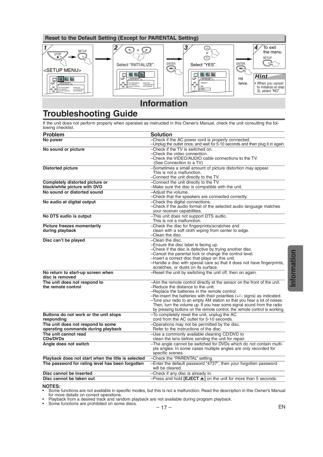 Emerson EWD70V5SK owner manual Information Troubleshooting Guide, Reset to the Default Setting Except for Parental Setting 