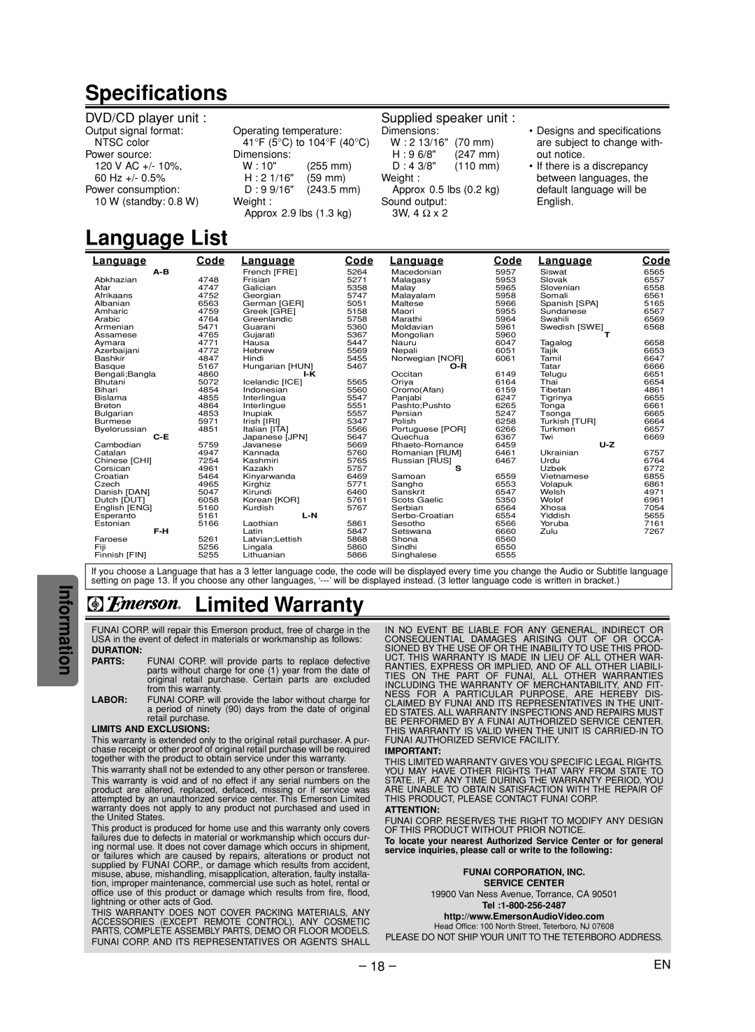 Emerson EWD70V5SK owner manual Specifications, Language List, Limited Warranty, Language Code 