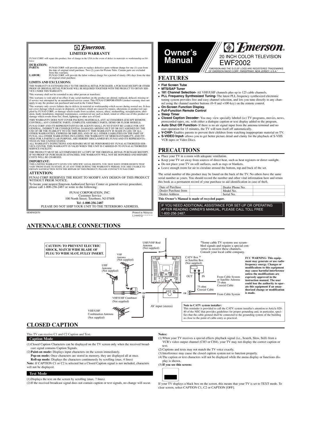 Emerson EWF2002 owner manual Features, Precautions, ANTENNA/CABLE Connections, Closed Caption, Limited Warranty 