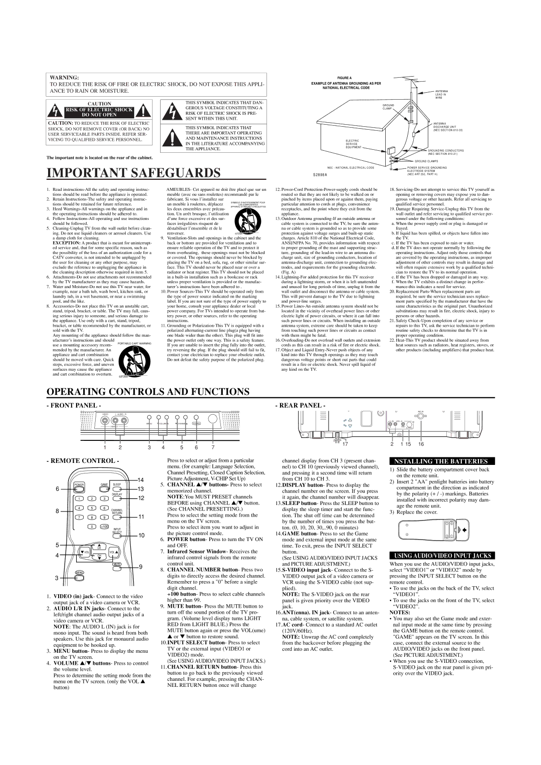 Emerson EWF2002 Important Safeguards, Rear Panel, Remote Control, Nstalling the Batteries, Using AUDIO/VIDEO Input Jacks 