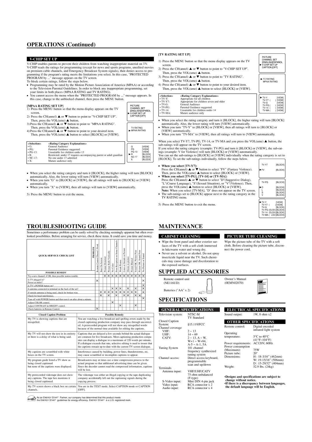 Emerson EWF2002 owner manual Operations, Troubleshooting Guide, Maintenance, Supplied Accessories, Specifications 