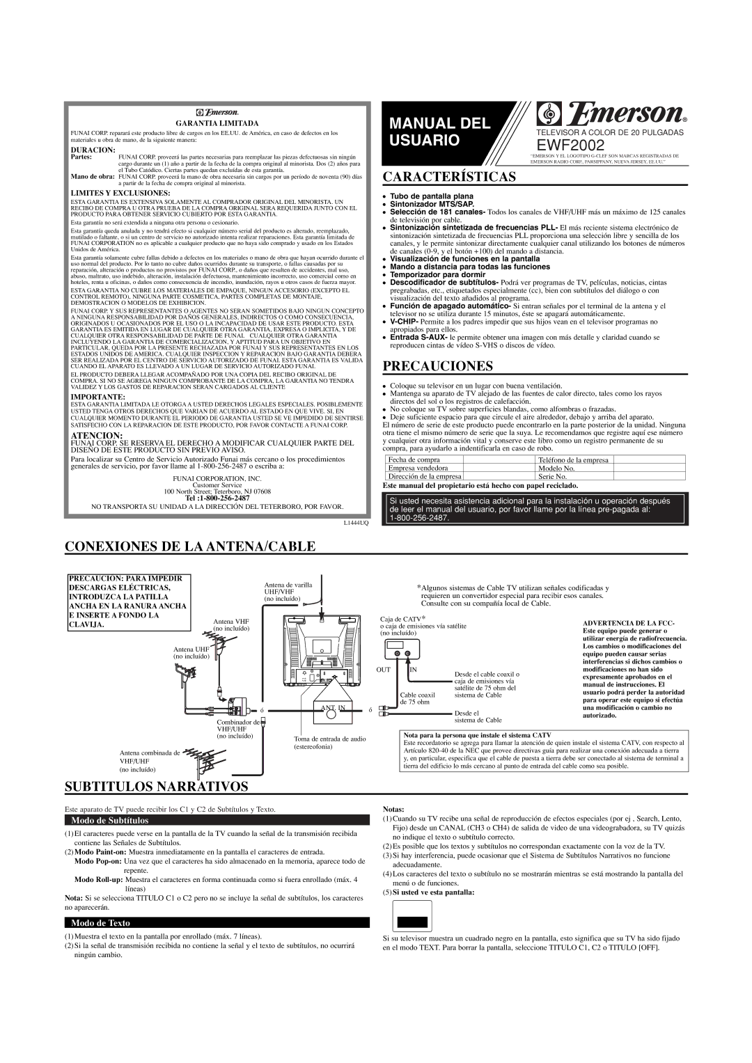 Emerson EWF2002 owner manual Características, Precauciones, Conexiones DE LA ANTENA/CABLE, Subtitulos Narrativos, Atencion 