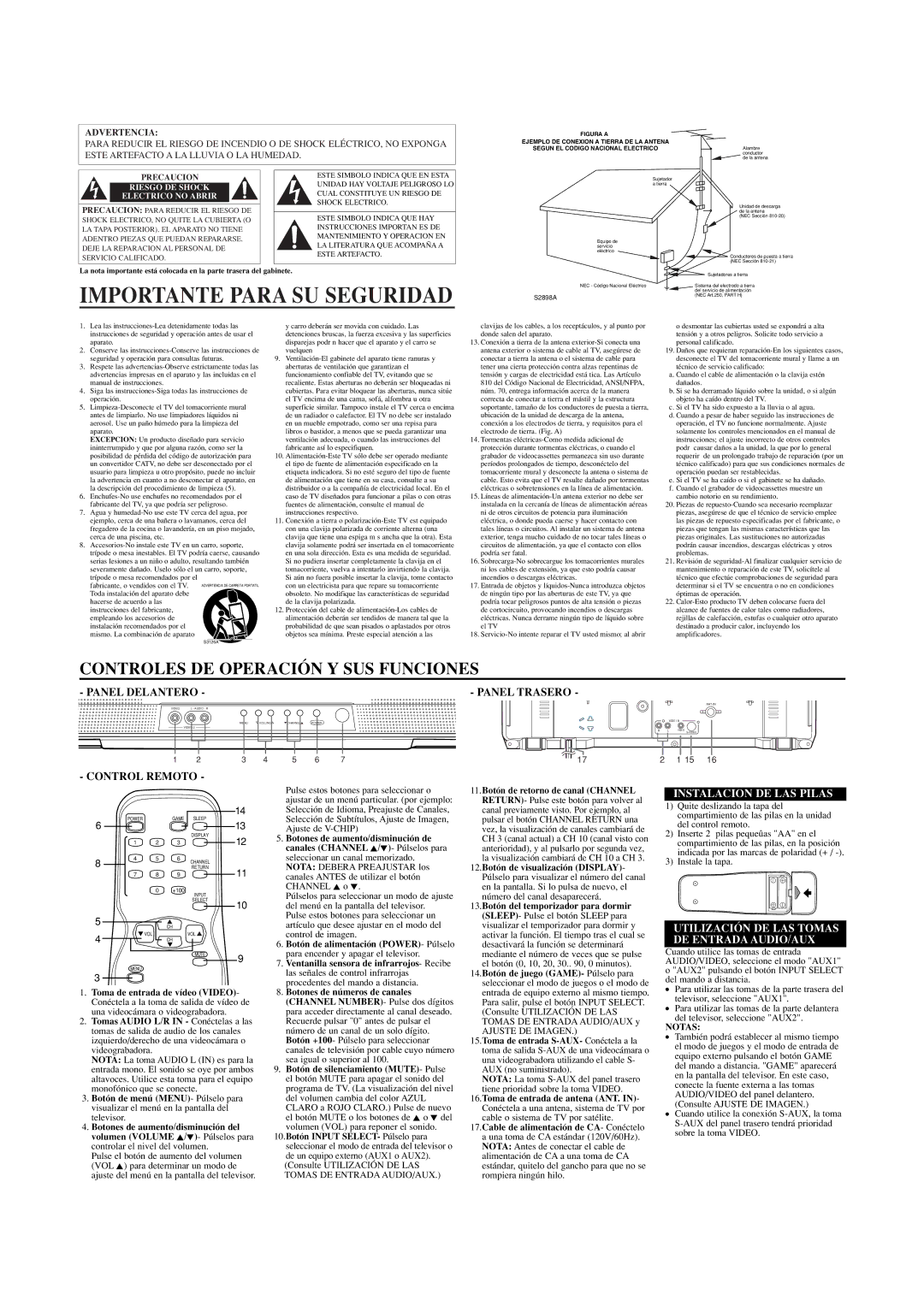 Emerson EWF2002 owner manual Importante Para SU Seguridad, Panel Trasero, Control Remoto, Instalacion DE LAS Pilas 