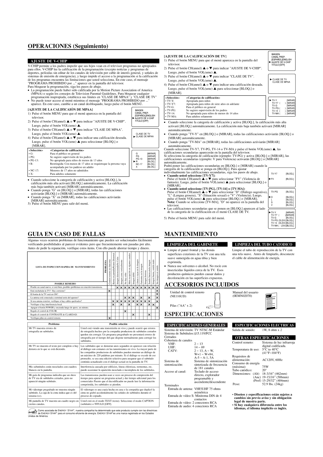 Emerson EWF2002 Operaciones Seguimiento, Guia EN Caso DE Fallas, Mantenimiento, Accesorios Incluidos, Especificaciones 