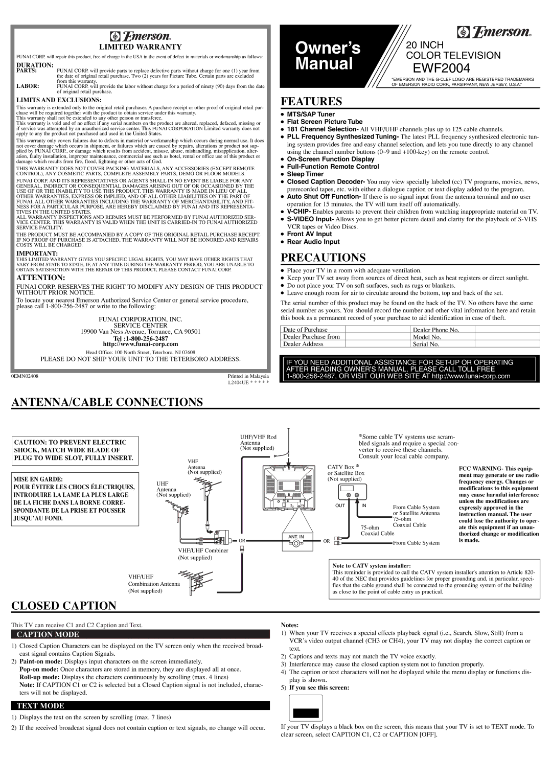 Emerson EWF2004 owner manual Features, Precautions, ANTENNA/CABLE Connections, Closed Caption 