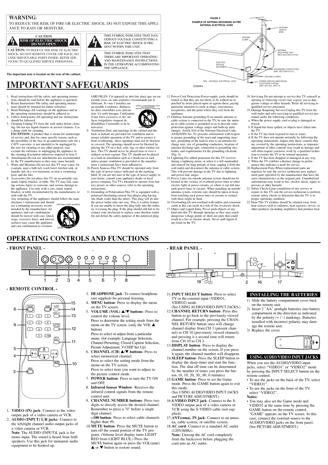 Emerson EWF2004 Important Safeguards, Remote Control Rear Panel, Installing the Batteries, Using AUDIO/VIDEO Input Jacks 