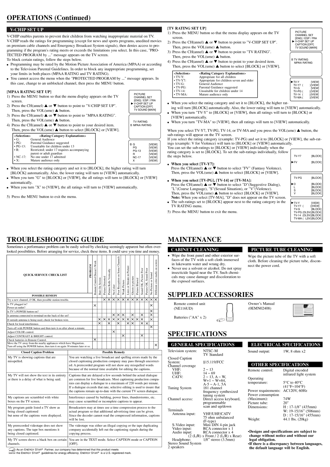 Emerson EWF2004 owner manual Operations, Troubleshooting Guide, Maintenance, Supplied Accessories, Specifications 