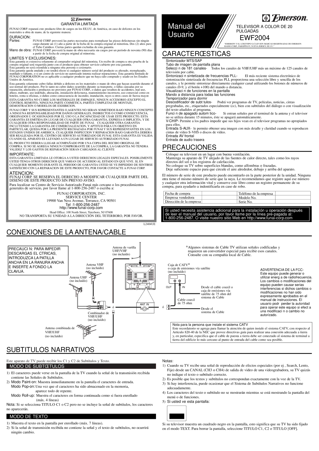 Emerson EWF2004 owner manual Características, Precauciones, Conexiones DE LA ANTENA/CABLE, Subtitulos Narrativos 