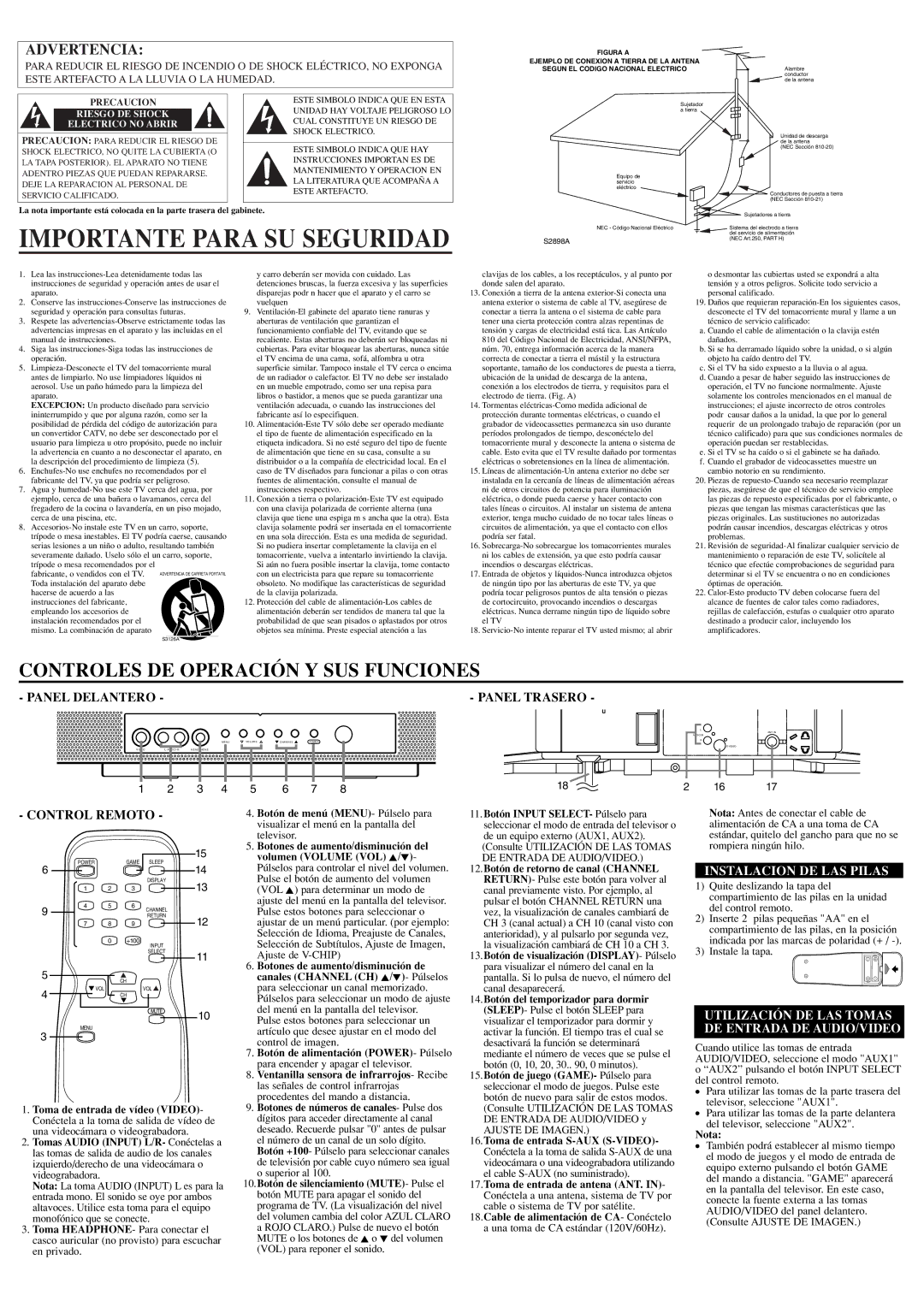 Emerson EWF2004 owner manual Importante Para SU Seguridad, Panel Trasero, Control Remoto, Instalacion DE LAS Pilas 