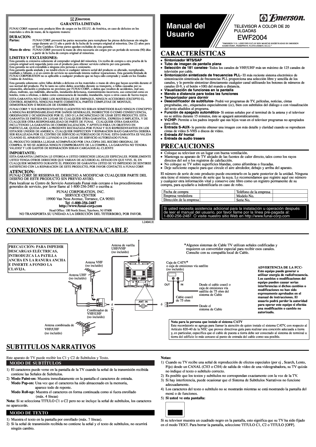 Emerson EWF2004 Características, Precauciones, Conexiones De La Antena/Cable, Subtitulos Narrativos, Atencion, Manual del 