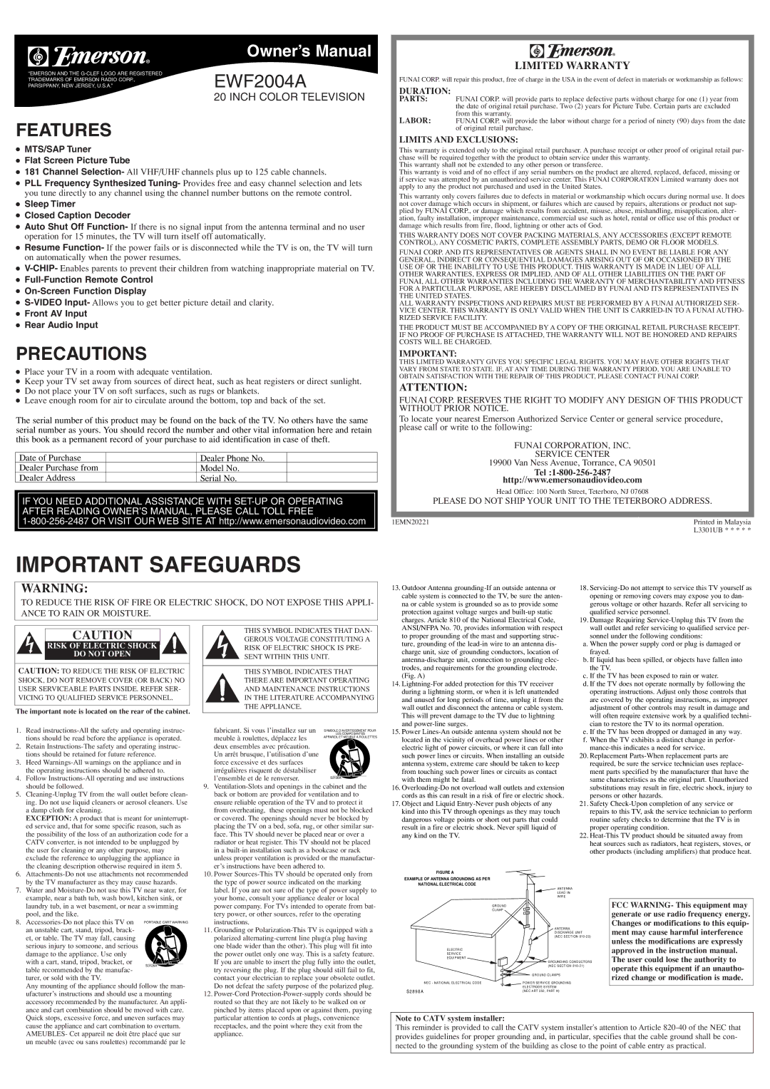 Emerson EWF2004A owner manual Features, Precautions, Limited Warranty 