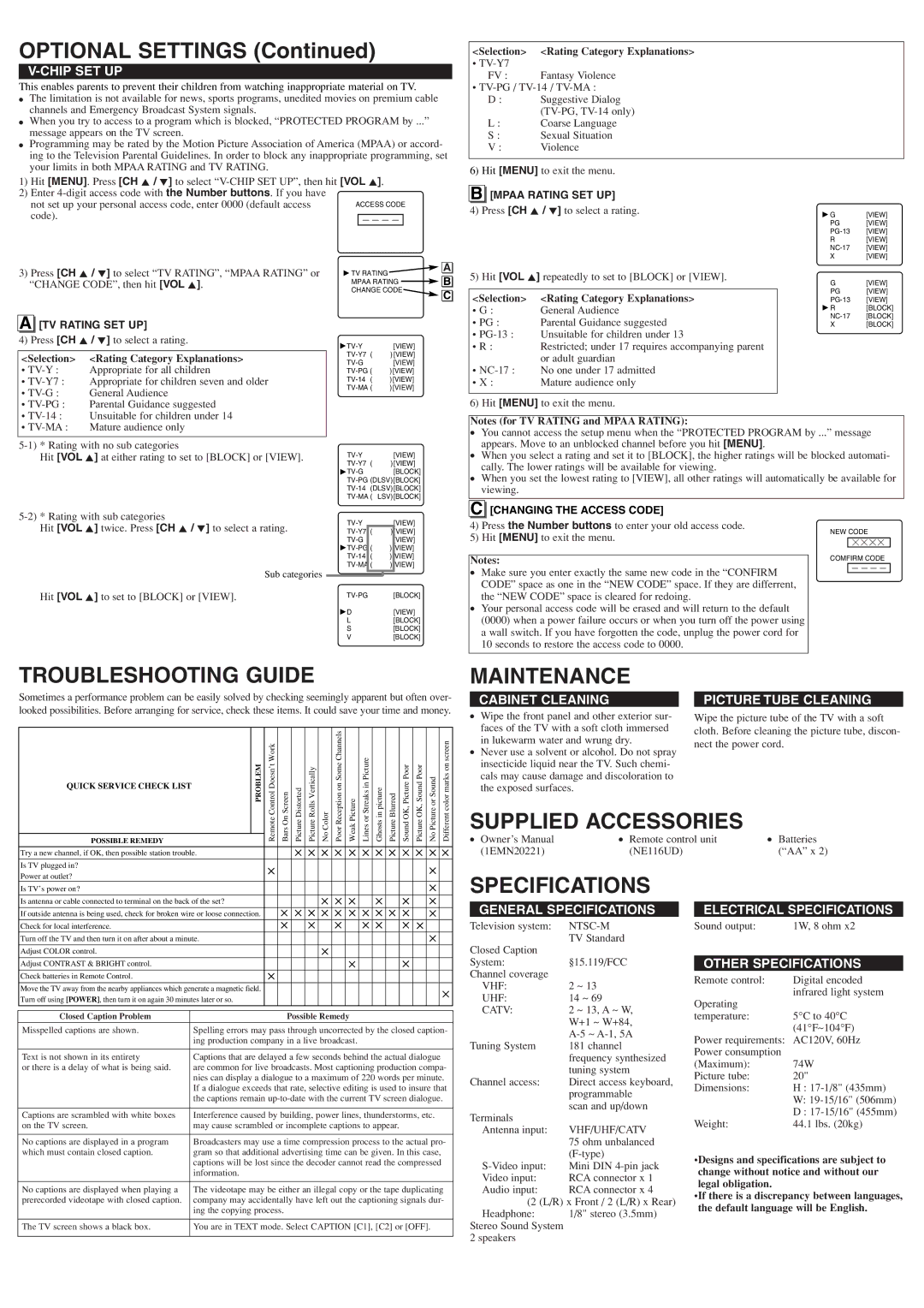 Emerson EWF2004A owner manual Optional Settings, Troubleshooting Guide, Maintenance, Supplied Accessories, Specifications 