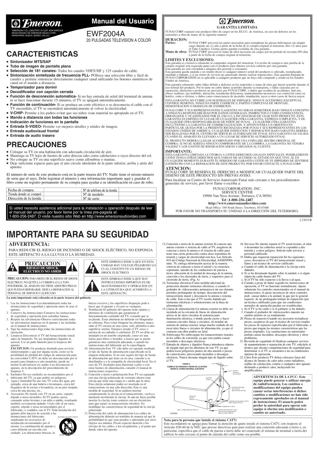 Emerson EWF2004A Caracteristicas, Precauciones, Atencion, Sintonizador MTS/SAP Tubo de imagen de pantalla plana 