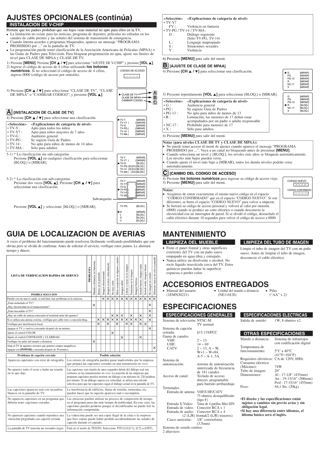 Emerson EWF2004A Ajustes Opcionales continúa, Guia DE Localizacion DE Averias, Mantenimiento, Accesorios Entregados 