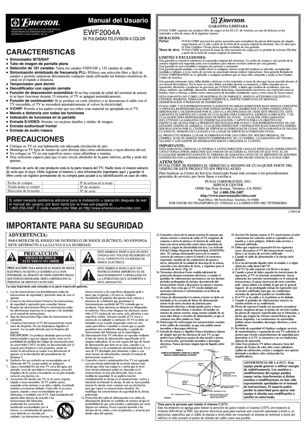 Emerson EWF2004A Caracteristicas, Precauciones, Manual del Usuario, Atencion, Garantia Limitada, Duracion, Importante 