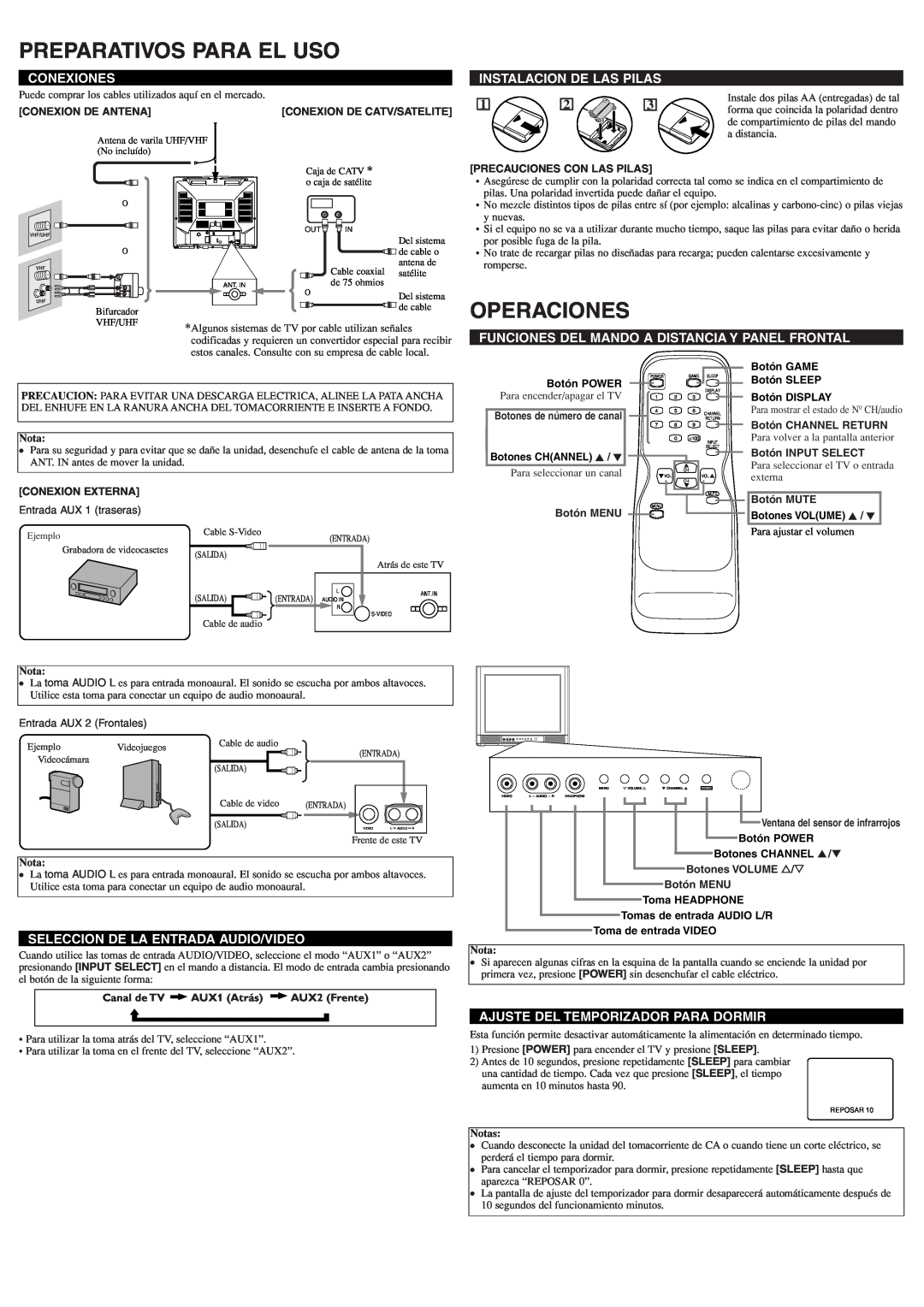 Emerson EWF2004A owner manual Preparativos Para El Uso, Operaciones, Conexiones, Instalacion De Las Pilas, Notas 