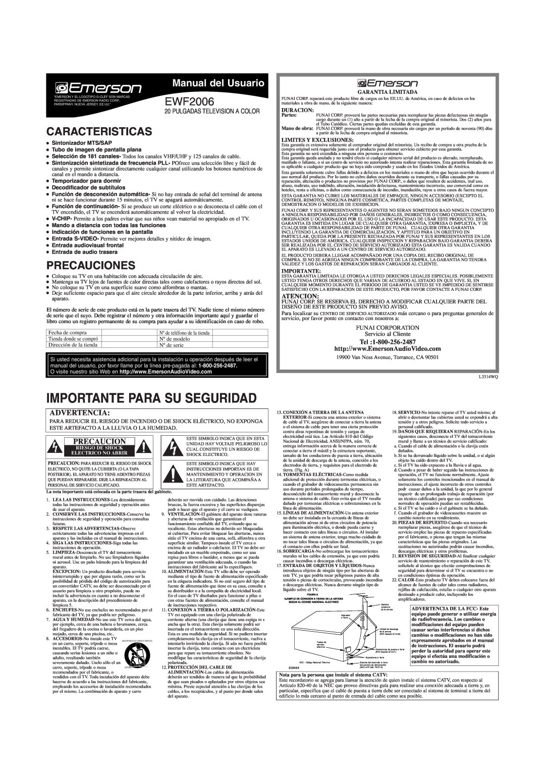 Emerson EWF2006 Caracteristicas, Precauciones, Manual del Usuario, Atencion, FUNAI CORPORATION Servicio al Cliente 