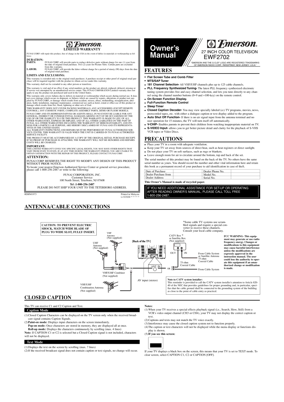 Emerson EWF2702 owner manual Features, Precautions, ANTENNA/CABLE Connections, Closed Caption, Limited Warranty 