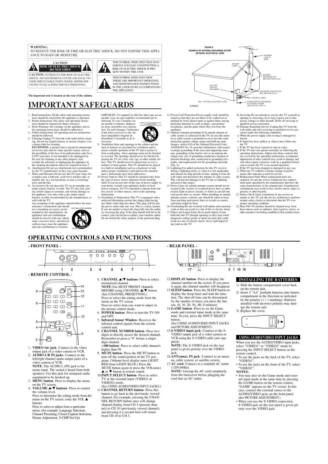 Emerson EWF2702 Important Safeguards, Rear Panel, Remote Control, Installing the Batteries, Using AUDIO/VIDEO Input Jacks 