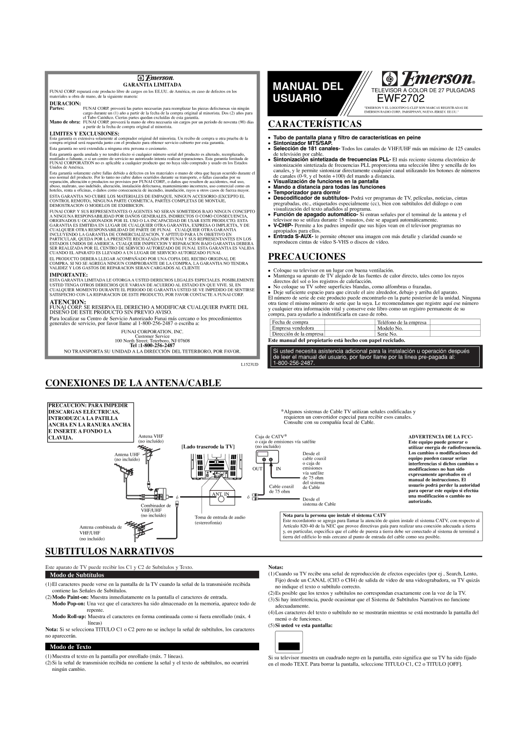 Emerson EWF2702 owner manual Características, Precauciones, Conexiones DE LA ANTENA/CABLE, Subtitulos Narrativos, Atencion 